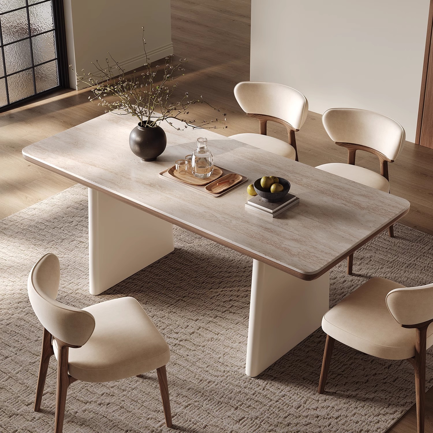 French Slate Dining Table for Home Modern Simple High-End Light Cream Style Small Apartment White Travertine New Dining Table