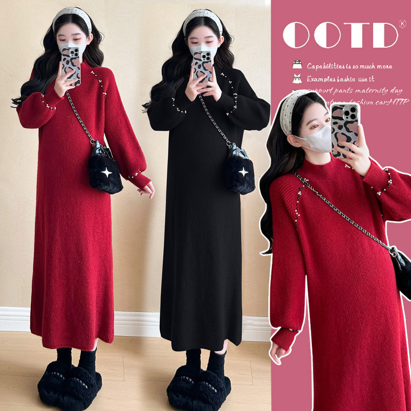 Pregnant women's clothing autumn and winter online popular Korean fashion christmas new year red knitted dress pregnant women's sweater dress Pregnant women's clothing autumn and winter online popular Korean fashion christmas new year red knitted dress pregnant women's sweater dress