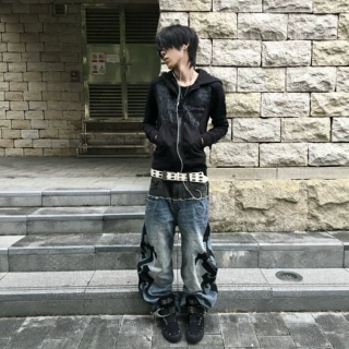 跨境欧美亚文化Y2K暗黑系印花开衫连帽卫衣正肩外套男女款秋冬季