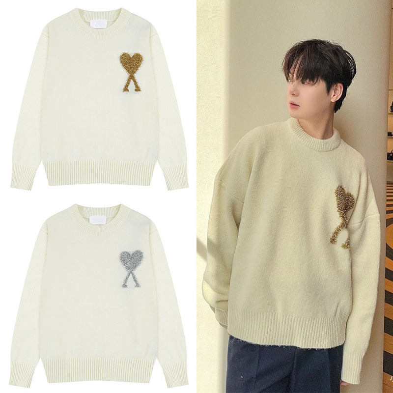 Am* Autumn and Winter Knitwear with Gold and Silver Thread Large Heart Pattern Cardigan Casual Unisex Round Neck Pullover Sweater