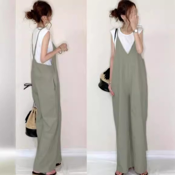 国境を越えた連体ズボンの対外貿易2024夏の新型日系女装吊り下げズボンの純色のカジュアルなゆるいズボン|undefined