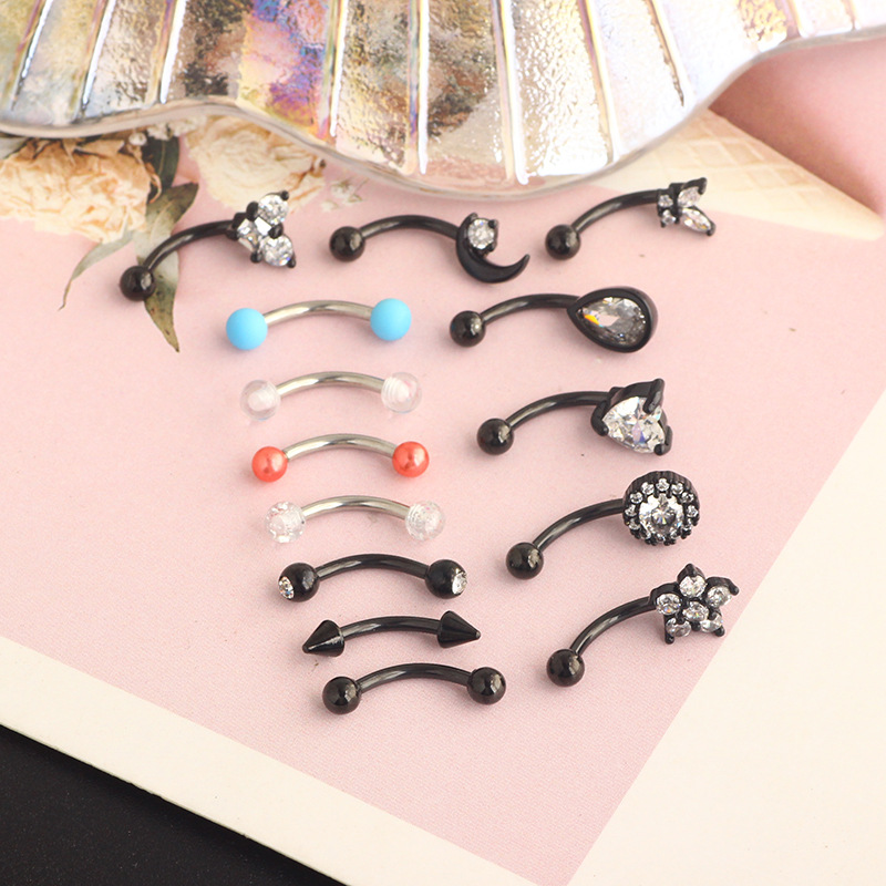 Heart-Shaped CZ Eyebrow Ring Stainless Steel Universal Eyebrow Piercing Jewelry Black 18K Gold Plated detail image 7