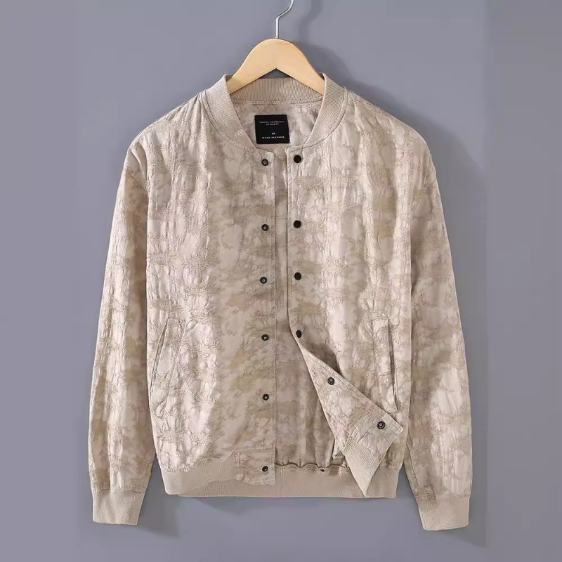 G156 Spring and Summer New Men's Youth Linen Cotton Yarn-Dyed Jacquard Casual Jacket Baseball Jacket Breathable Trendyy Top