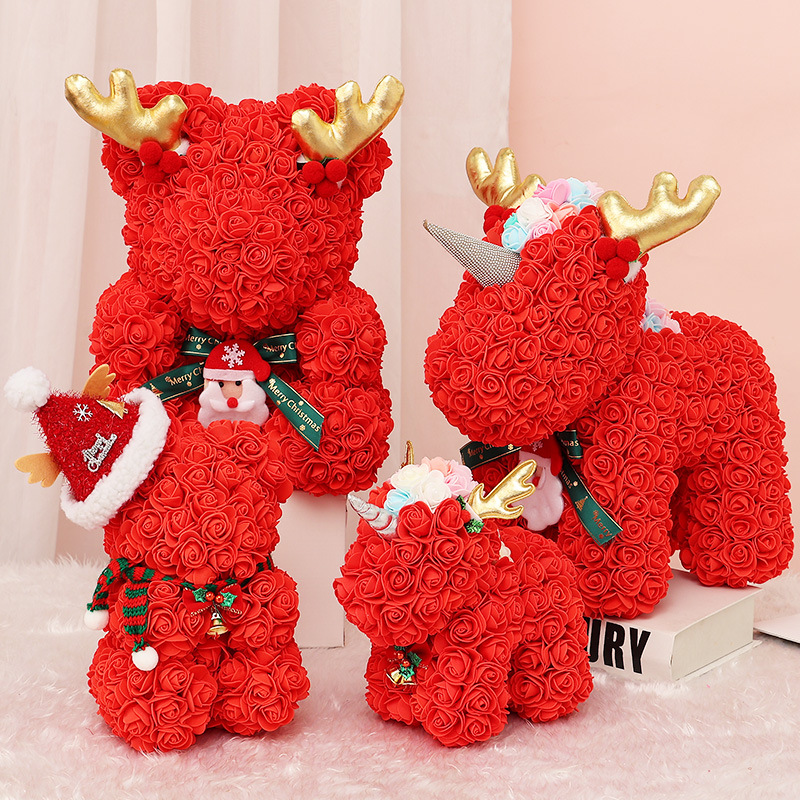 Festival Gifts Christmas Preserved Flower Rose Bear Children's Christmas Gift Unicorn PE Foam Flower Bear Ornaments Cute Ornaments Gift_voghion.com