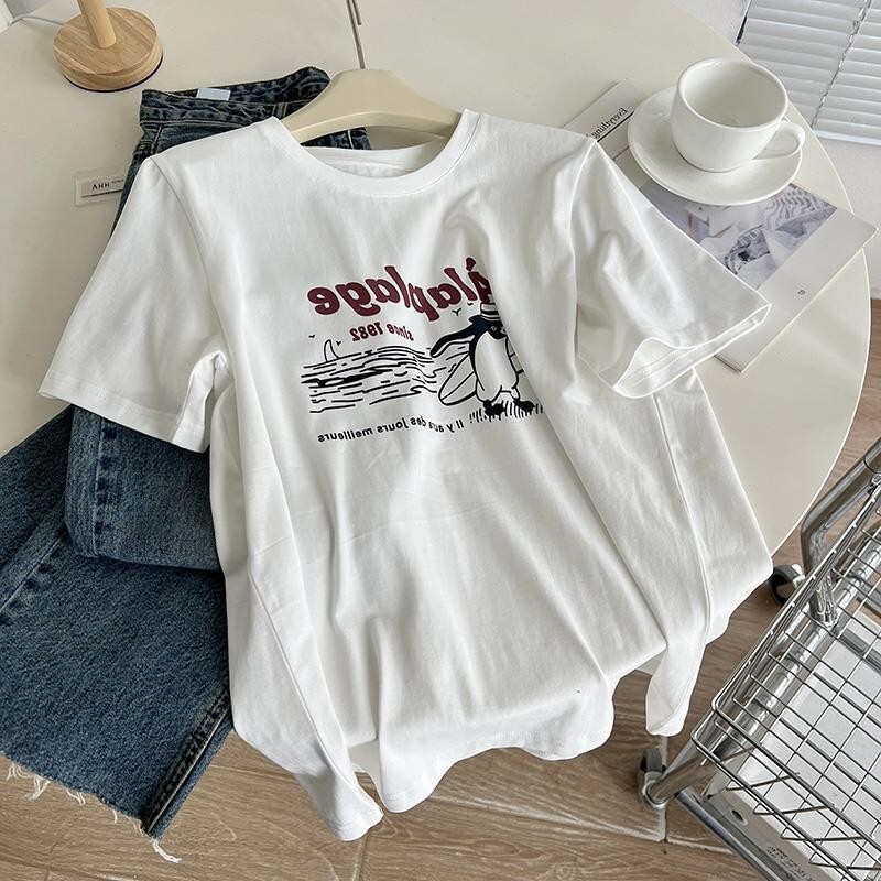 Spring and Summer Surfing Penguin Print Short-Sleeved T-Shirt Loose Slimming Look Casual Fun Shirt Bottoming Top for Women