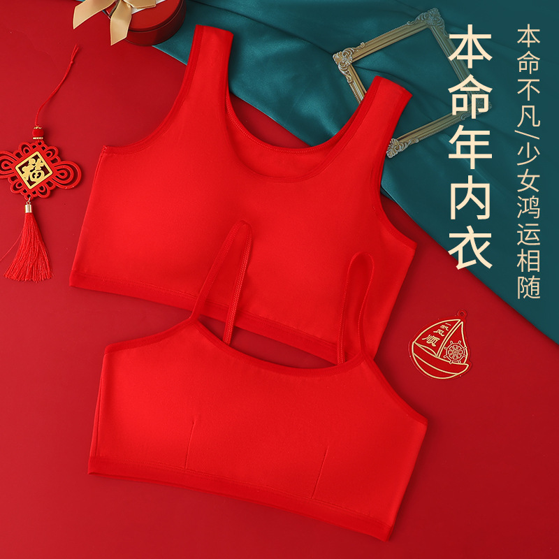 Girls' Zodiac Year Underwear Set Red Medium and Large Children's Vest 12-16 Years Old Tube Top Developmental Bra