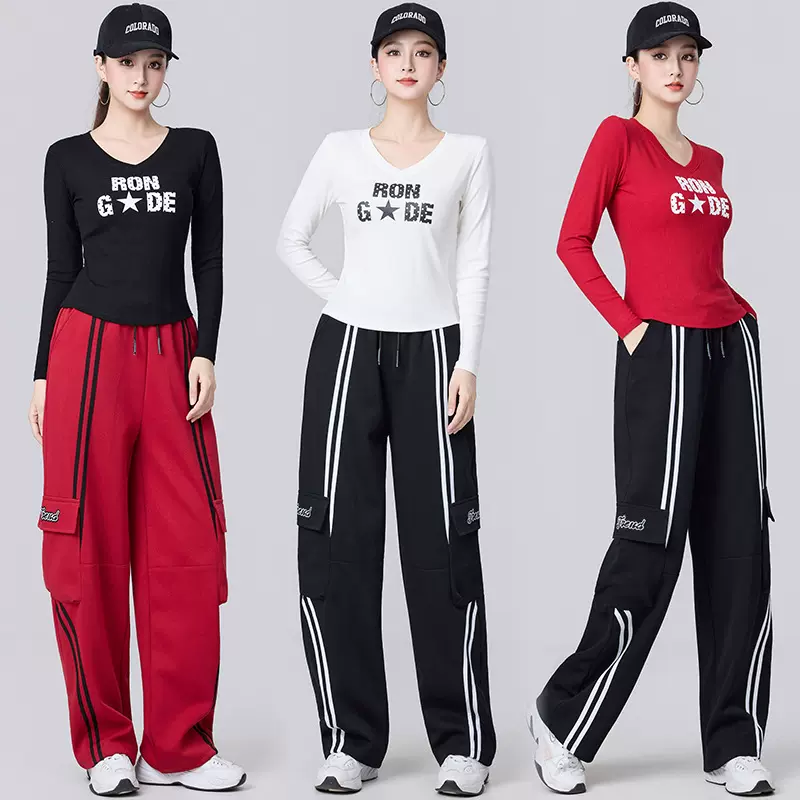 2025秋季新款时尚洋气运动印花T恤韩版宽松工装裤弯刀休闲两件套