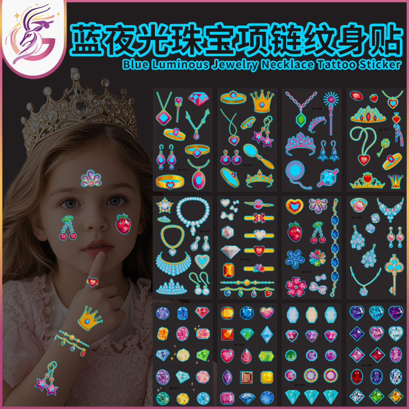 Cross-border Blue Luminous Gem New Tattoo Sticker Simulation Necklace Color Jewelry Dark Blue Luminous Temporary Sticker