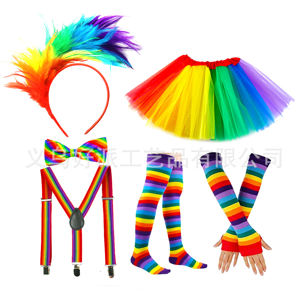 Adult rainbow feather headband strap bow tie gloves socks tutu skirt set holiday party ball dress