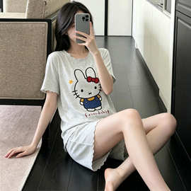 夏季新款卡通KT猫睡衣莫代尔短袖短裤少女家居服宽松圆领两件套装