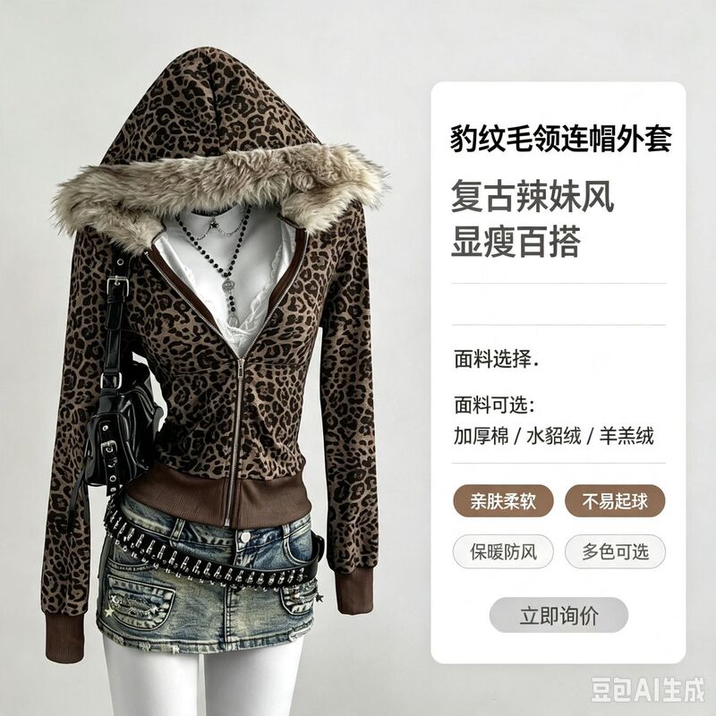 Y2K Hot Girl Leopard Print Fur Collar Short Sweatshirt for Women, Vintage Distressed Leopard Print Slim Fit Zipper Hooded Cardigan Top