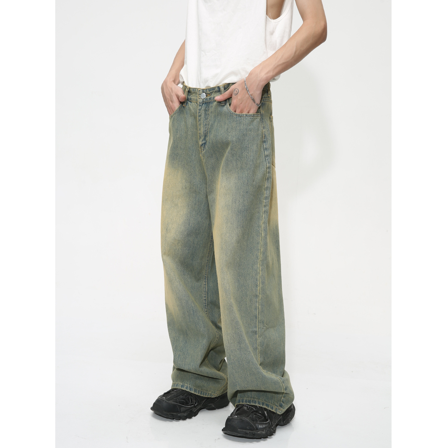 Mtlclothes ropa de Hombre | 2023 verano nuevo estilo coreano Loose MOP retro blanco Denim Pantalones