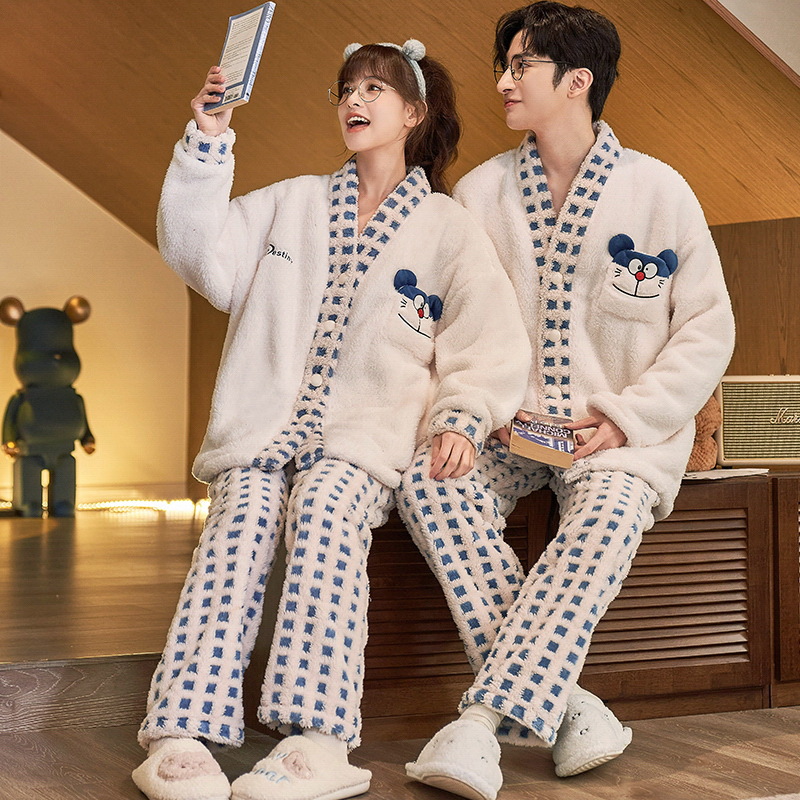 Coral polar pareja pijamas de invierno de las mujeres de manga larga kimono japonés con cuello en V estilo coreano de dibujos animados lindo traje de homewear de los hombres