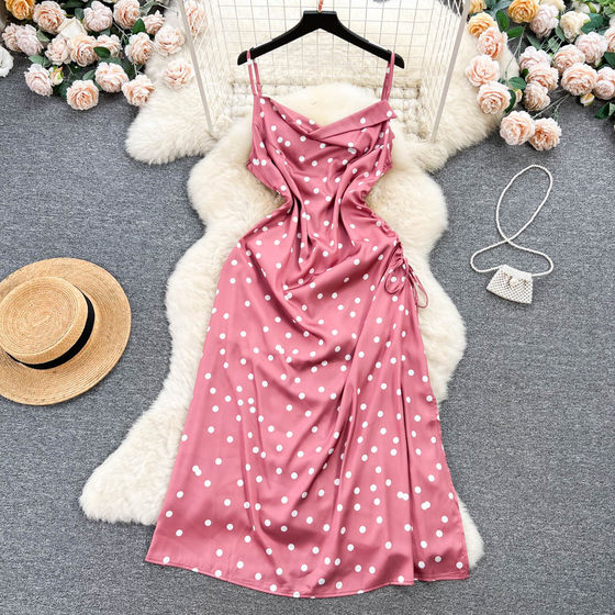 French style high-grade satin suspender skirt women's new design drawstring lace-up high waist slimming polka dot dress