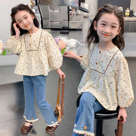 女童衬衫春秋款2024新款时尚小女孩洋气碎花衬衣中小儿童休闲上衣