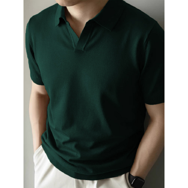 Old Money Style Knitted Ice Silk Lapel Polo Shirt Short-Sleeved Men's Summer Thin V Neck Loose Accessible Luxury T-Shirt