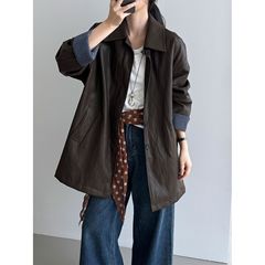 那末复古甜酷翻领pu皮衣女慵懒风高级感格子拼接中长款外套6127