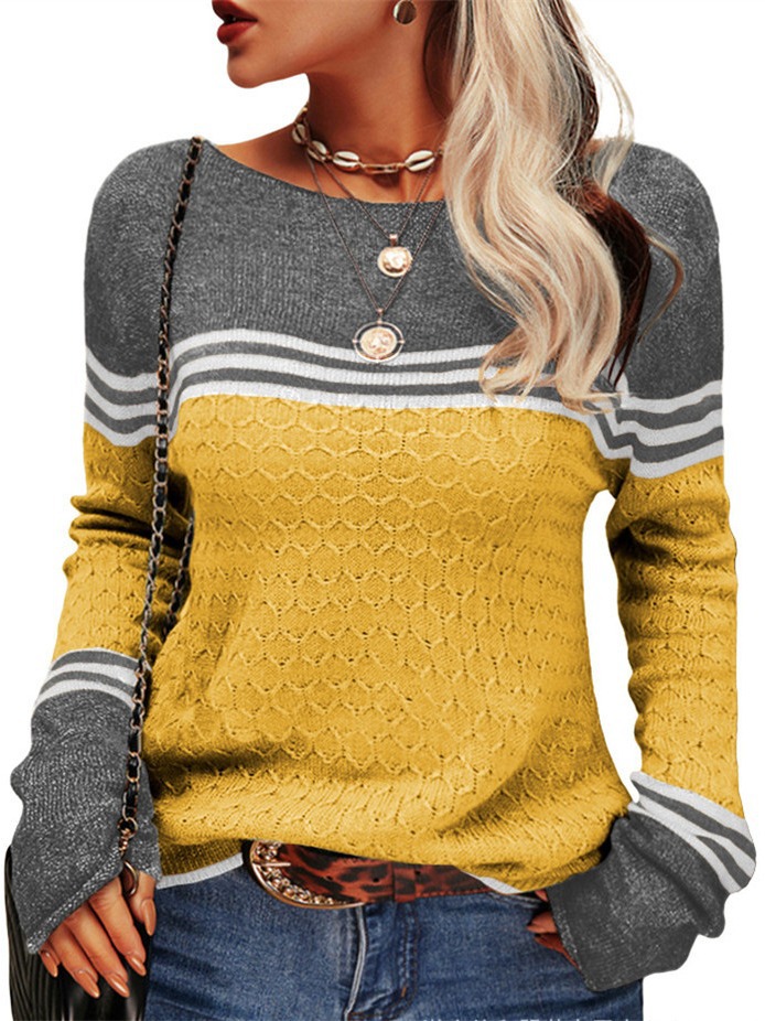 Otoño e invierno transfronterizo nuevas mujeres de ganchillo elegante superior de cercanías europeo y americano de manga larga de punto a rayas de color a juego suéter de cuello redondo