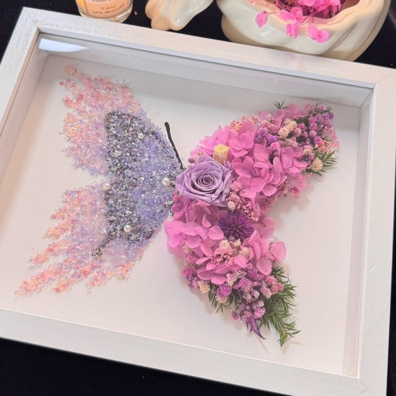 紫色の蝶ドライフラワークリスタルストーン素材パッケージ中空立体フォトフレーム中空蝶 diy バレンタインデーギフト|undefined