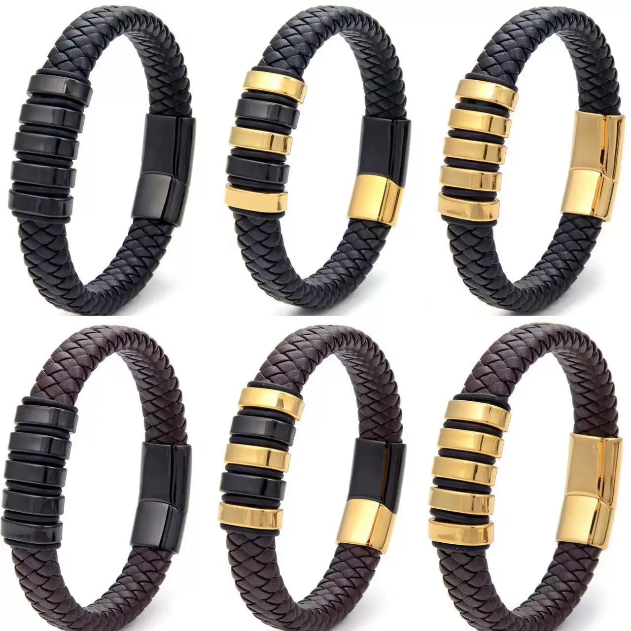 跨境热销男士编织皮革手镯个性百搭皮手链合金磁铁扣手环饰品厂家