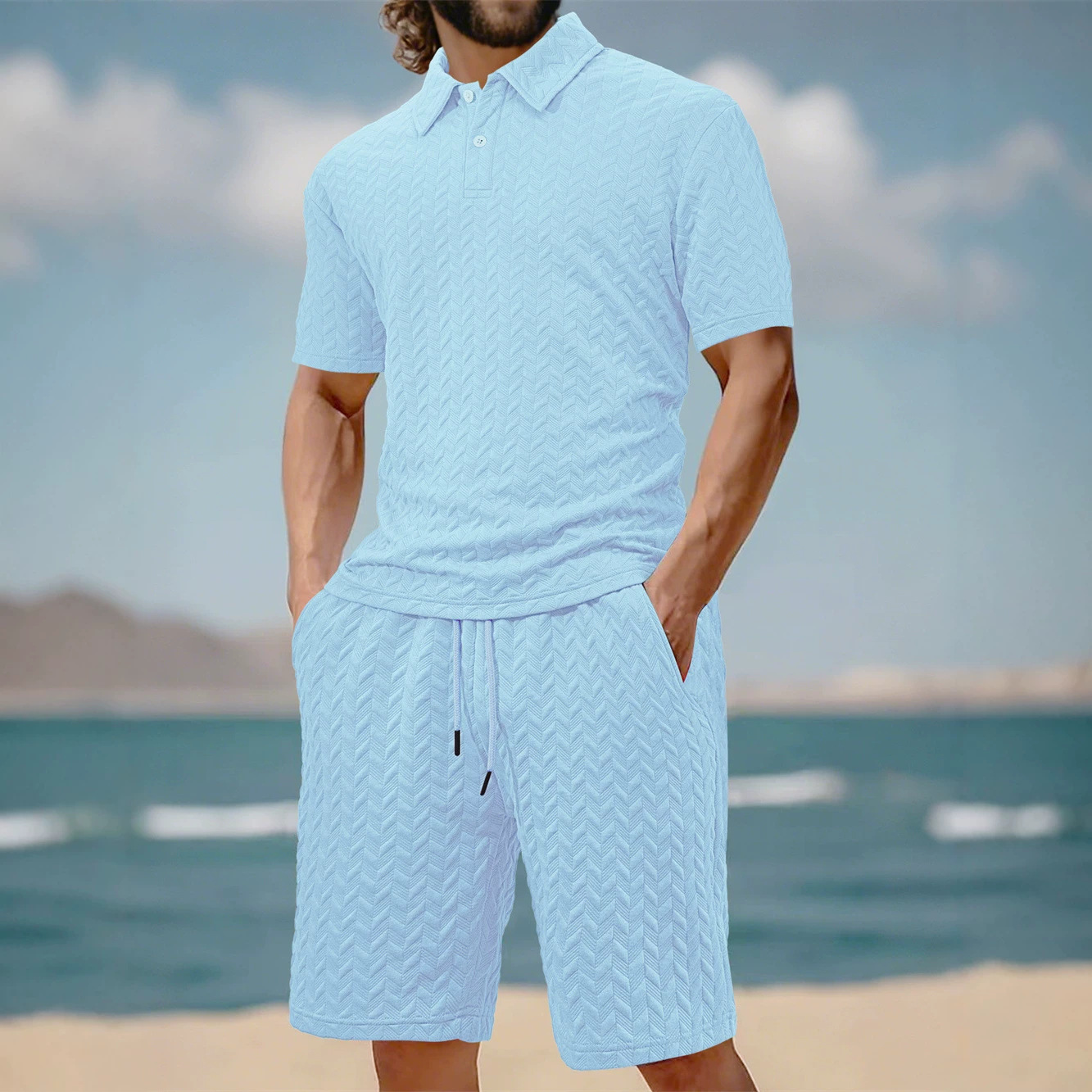 Men's Short Sleeve Polo Shirt Set Jacquard Design Comfort Fit Casual Summer Wear Breathable Polyester Fabric_viptrois.com