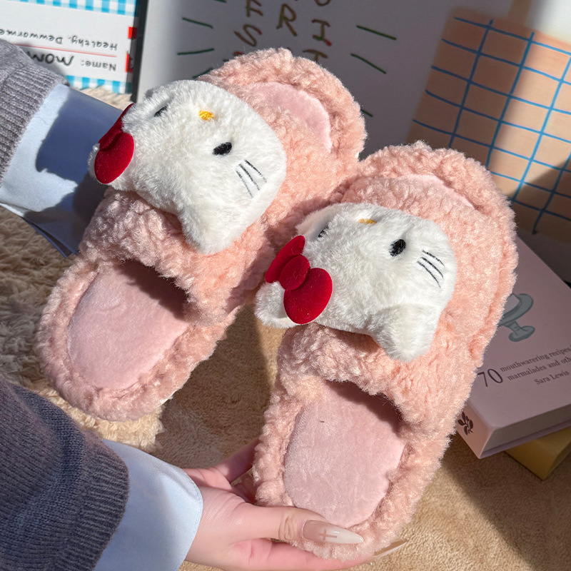 一字防滑毛毛拖鞋女冬天秋冬季可爱卡通毛绒保暖居家室内棉拖鞋女|undefined