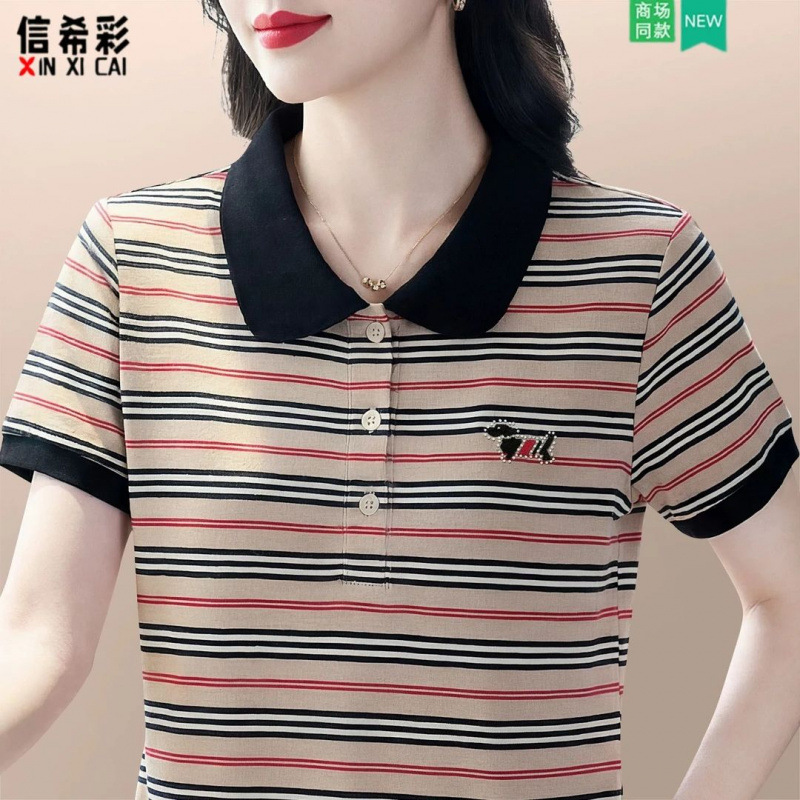 Young Mom's Summer Short-Sleeve T-Shirt for Women, Loose and Stylish, Middle-Aged Turn-Down Collar Striped Casual Top