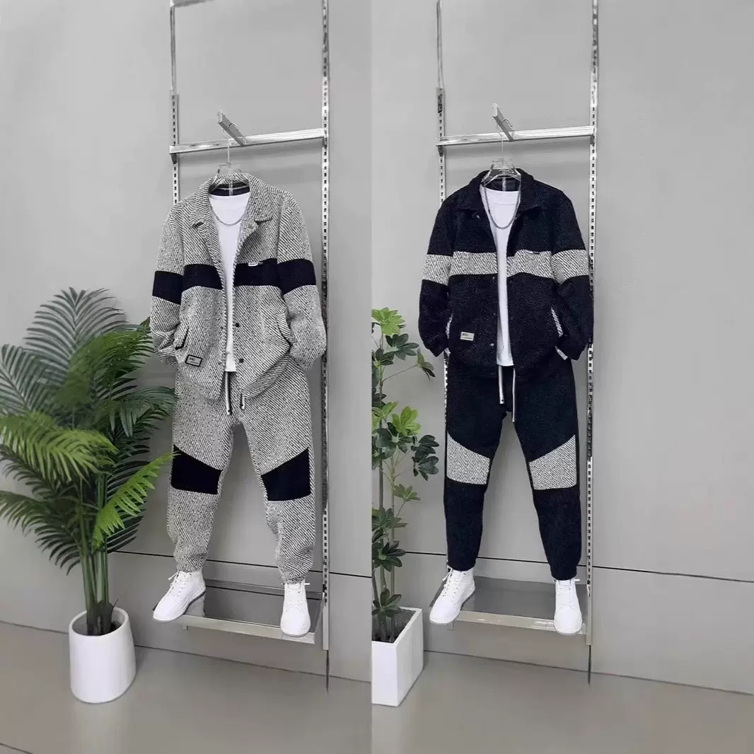 秋冬净拼接雪尼尔休闲套装男时尚裁剪宽松两件套