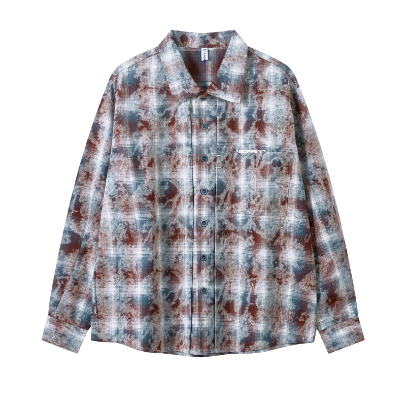 Herrenbekleidung Street Vintage Tie-Dye Plaid Loose Shirt Trendy Brandneues Jugend Casual All-Match-Shirt_voghion.com