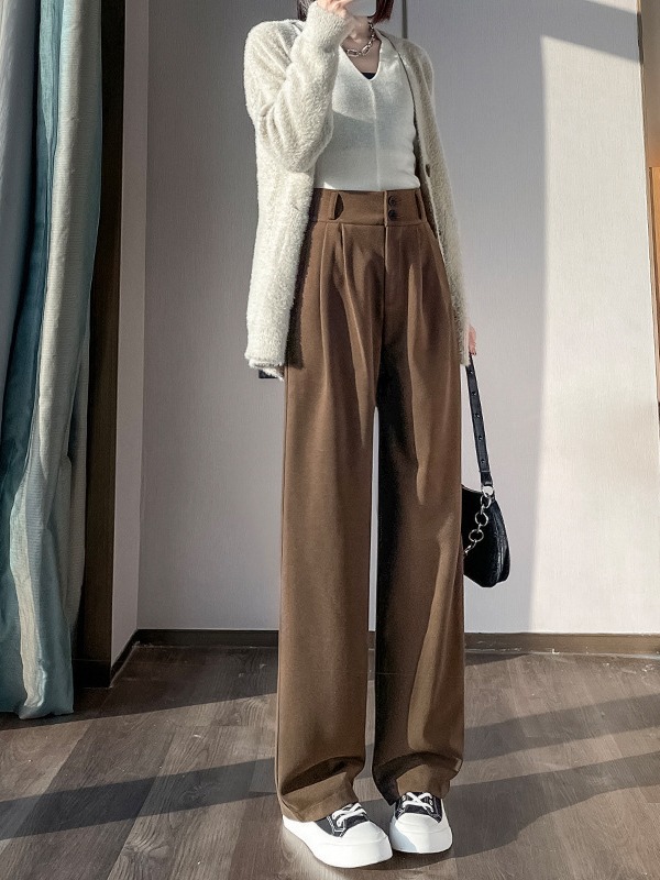 女性用豪華なウールのワイドレッグパンツ、2025年秋冬の新しい冬の厚みのあるハイウエストのドレープの小さな狭いストレートパンツ