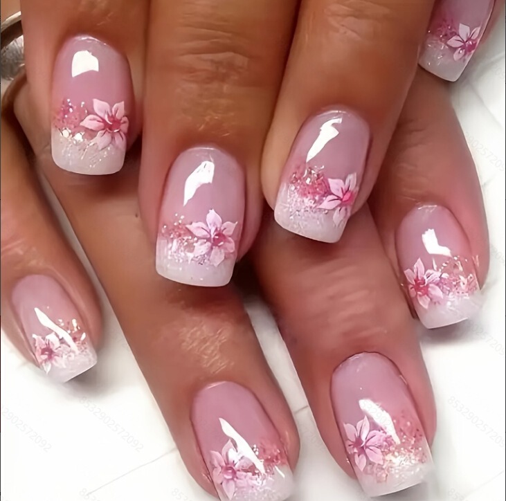 24 Pieces Wearable Nail Nail Nail Wearable French Flower Glitter False Nail Extension Removable Nail Wholesale