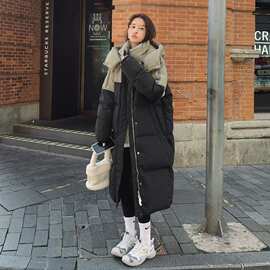 美式撞色拼接羽绒棉服女中长2024冬新款韩版宽松棉袄加厚保暖棉衣