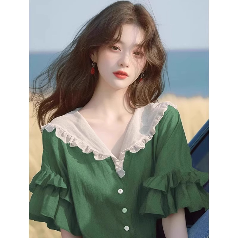 Short-Sleeved Shirt 2026 New Style Women's Summer Green Ruffle Design Loose Niche Unique Beautiful Blouse Top
