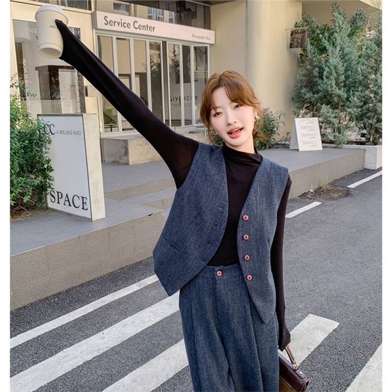 一整套穿搭叠穿马甲套装女秋季新款百搭高级感气质高腰阔腿长裤|undefined