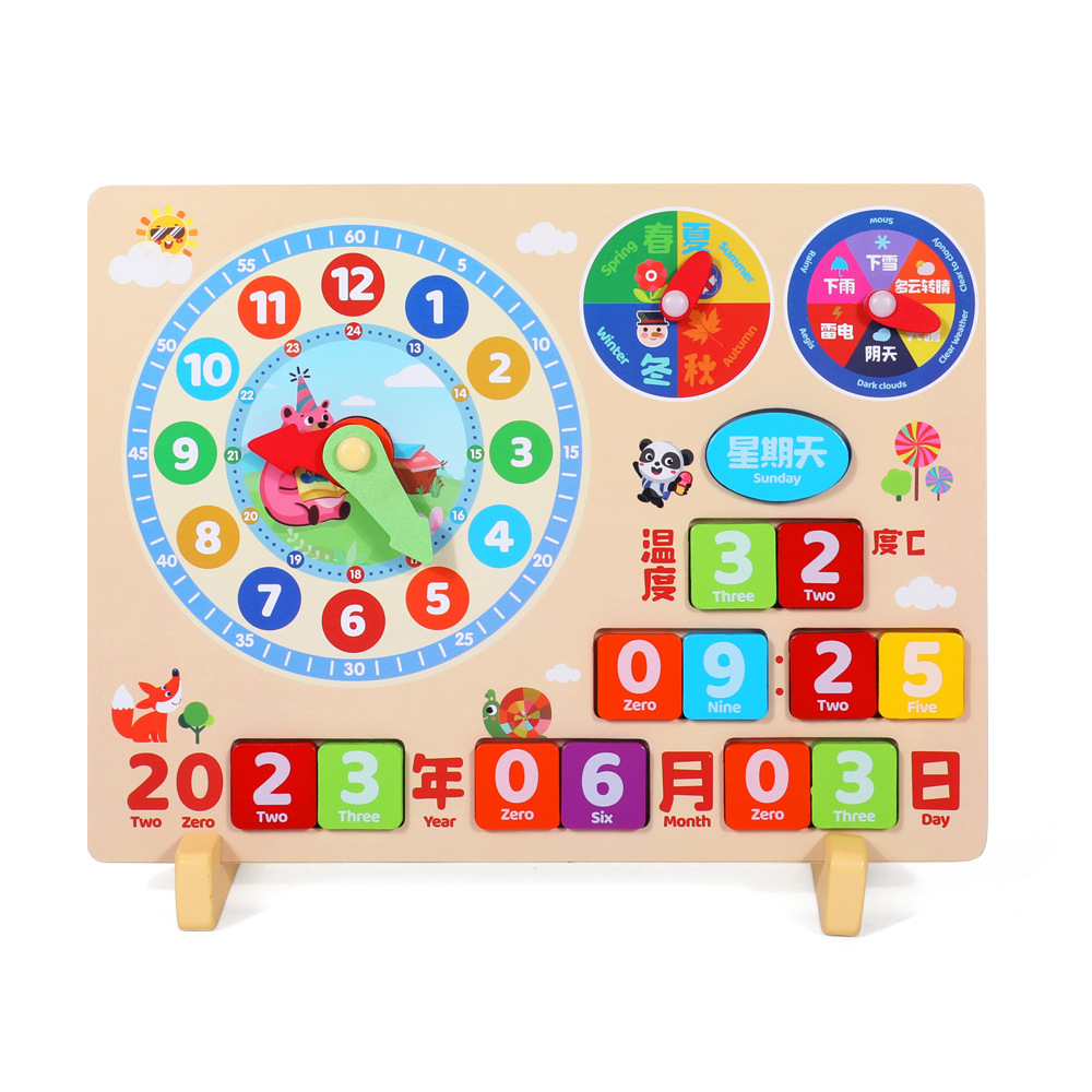 Calendario de madera los niños reloj multifuncional tiempo temporada semana temperatura cognición bebé educación temprana iluminación Juguetes