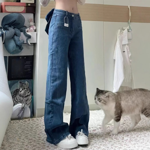 Petite American Retro Patchwork Bowknot Straight Leg Women's Summer High-Waist Loose Slimming Floor-Length Pants