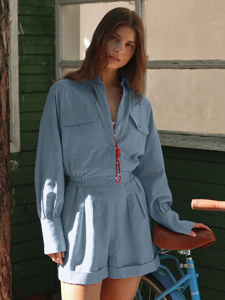 Mono transfronterizo de algodón y lino de manga larga Europa y América 2025 primavera y verano nuevo estilo delgado adelgazante cintura pantalones cortos de una pieza mujer