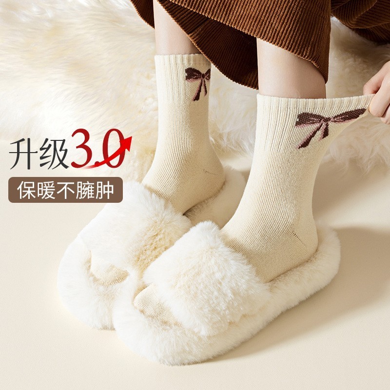 袜子女秋冬季加厚保暖蝴蝶结毛圈女袜 舒适日系加绒地板袜批发|undefined