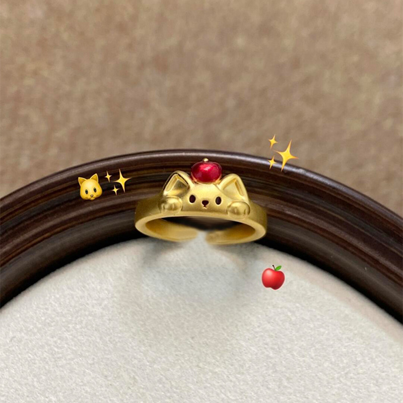 Xiaohongshu's Popular Apple Kitten Cute Ring Women's Niche Design Simple Personalized Accessories Opening Adjustable