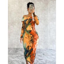 D 96222 Off Shoulder Print Bodycon Dress һ�ּ�����ȹ �羳ר