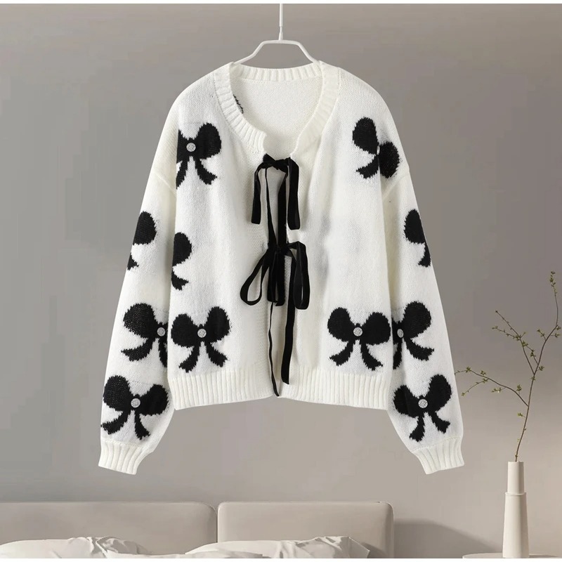 Round Neck Neckline Wholesale Women's Elegant Bow Knot Long Sleeve Sweaters & Cardigans