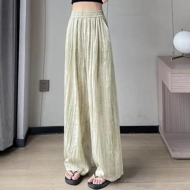 女性用クールワイドレッグパンツ、夏のタイダイ山本テンセルリネンドレープハイウエストカジュアル多用途ドレープフロアモップパンツ|undefined
