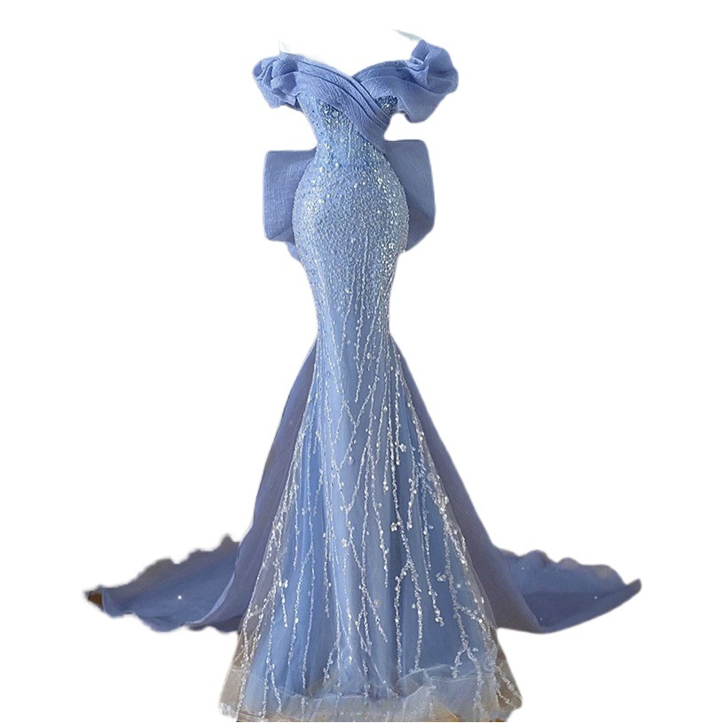 Haze Azul vestido de anfitrión trabajo pesado con cuentas vestido de sirena Luz de lujo de gama alta vestido de tostadas Reunión Anual Halter modelo pasarela