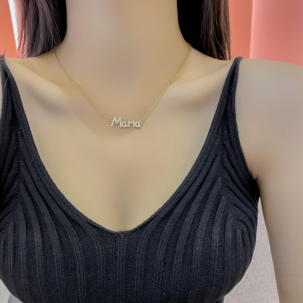 6g Weight Rhinestones Inlay Material Mama Letter Titanium Steel Plating Rhinestones Necklace