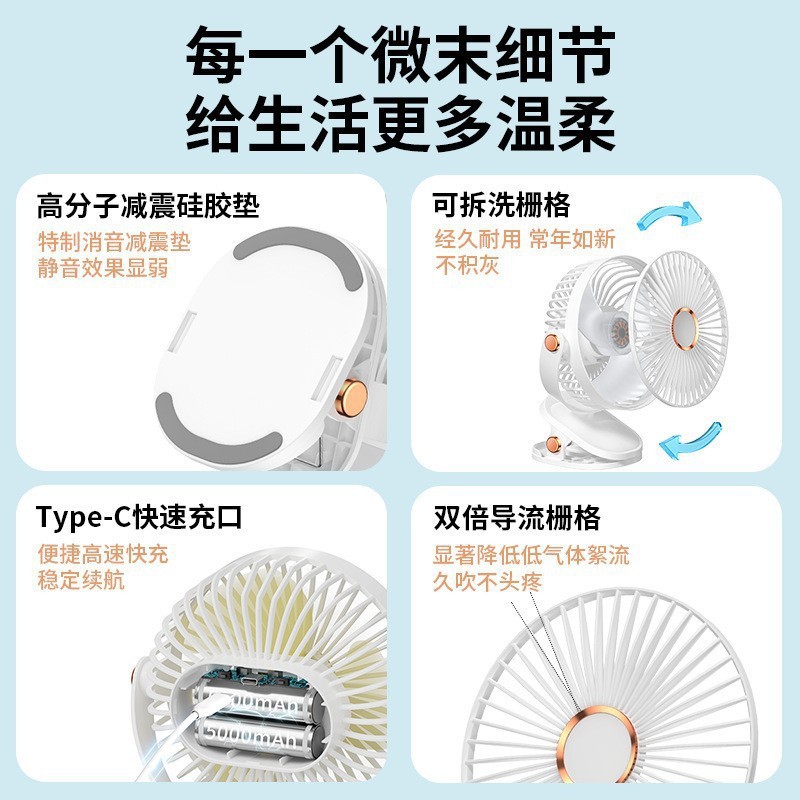 夹式小风扇学生宿舍床上夜灯夹扇办公室桌面usb充电夹子灯光|undefined