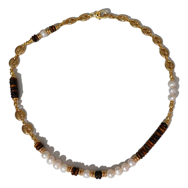 Natural Freshwater Pearl Necklace French Retro Tiger's Eye Woolen Chain Antique Bracelet New Year Temperament Clavicle Chain