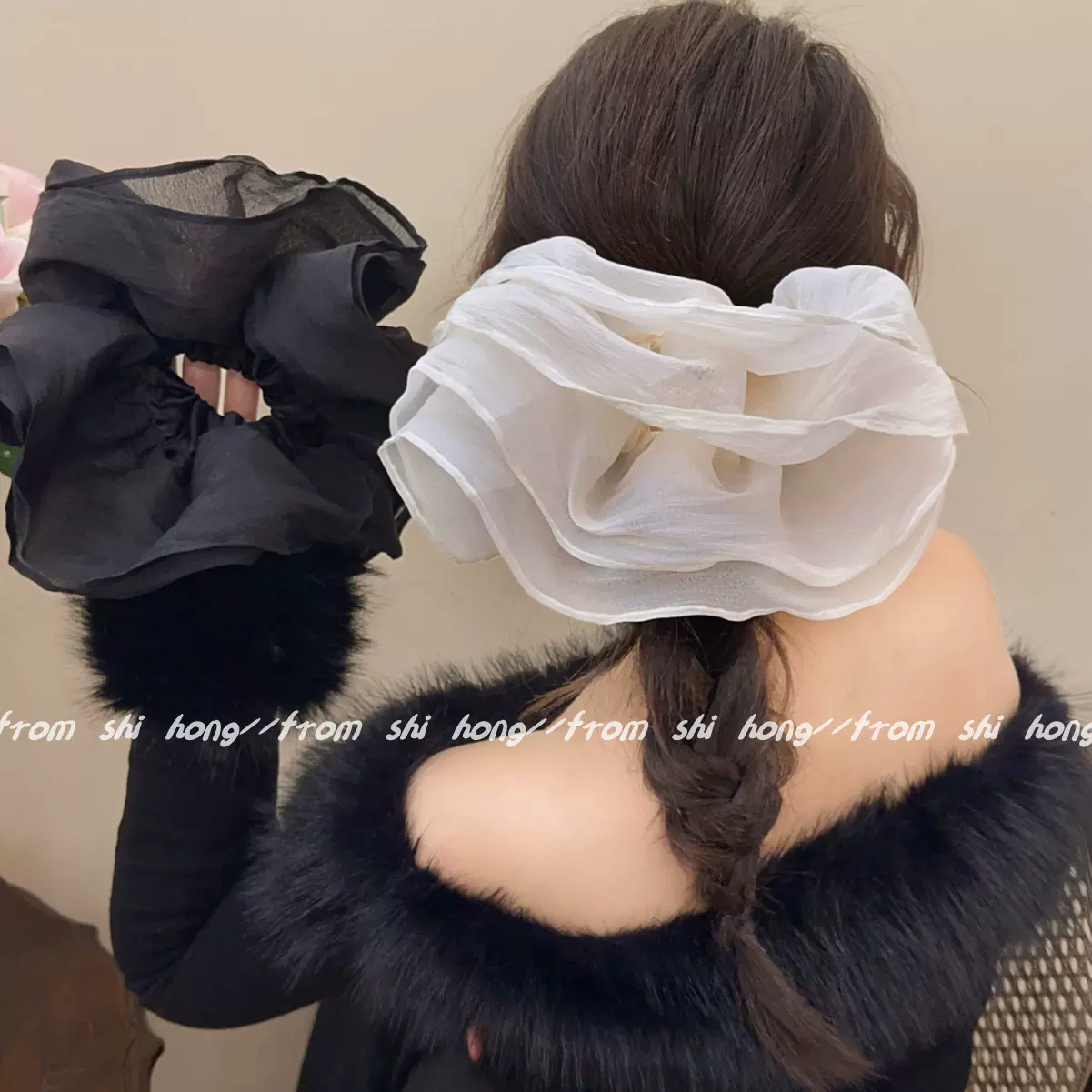 法式超大号褶皱双层网纱大肠发圈高级感扎马尾头花女2026新款头绳