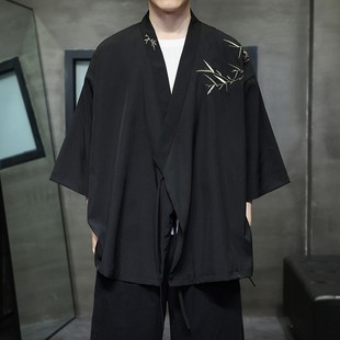 2024 Summer new Chinese style bamboo embroidered mid-sleeve cardigan outer robe Chinese style men's retro trendy Tang suit Hanfu