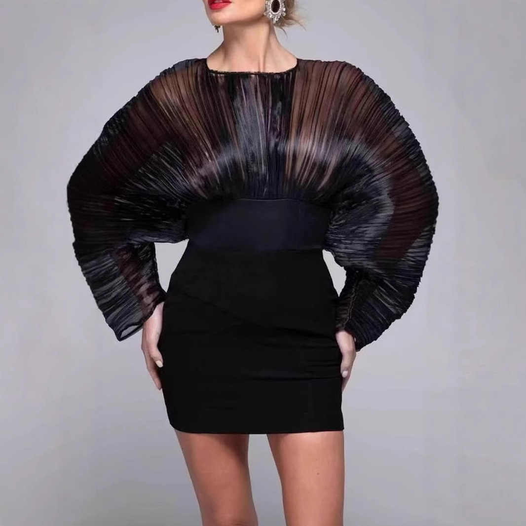 2025春夏新款圆领欧根纱褶皱泡泡袖拼接紧身裙短裙连衣裙跨境