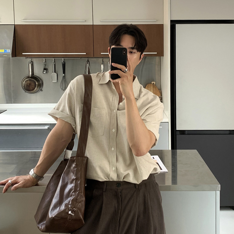 ASCLO Korean Style Men's Shirt Draped Light Luxury Solid Color Short Sleeve Shirt Summer Thin Loose High-grade Jacket ASCLO Korean Style Men's Shirt Draped Light Luxury Solid Color Short Sleeve Shirt Summer Thin Loose High-grade Jacket